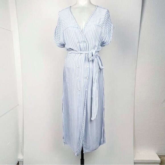 ZARA MIDI V NECK SHIRT DRESS STRIPED BLUE WHITE 7784/072 XSMALL - Picture 2 of 12